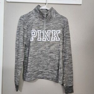 Victoria's Secret PINK Sweatshirt Gray White 1/4 Zip Pullover Long Sleeve Size S